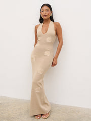 Cady Intarsia Halterneck Knit Maxi Dress - Beige
