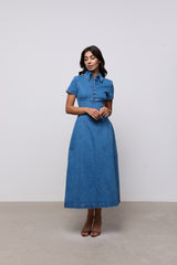 Cotton Mix Denim Collared Midi Dress