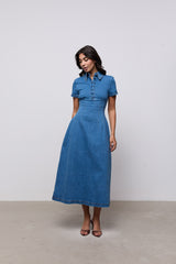 Cotton Mix Denim Collared Midi Dress