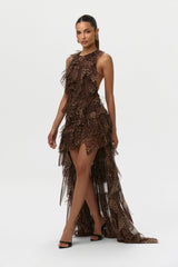 Chiffon Print Asymmetric Ruffle Dress