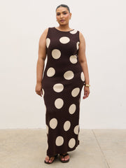 Sarover Polka Dot Maxi Knit Dress Curve - Chocolate and Cream