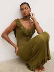 Sascha Frill Detail Knit Midaxi Dress - Tarragon Green