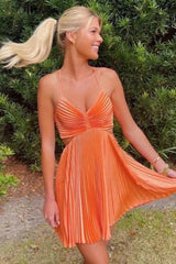 Stylish A Line Spaghetti Straps Orange Short Homecoming Dress with Open Back