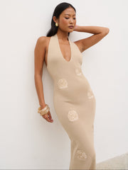 Cady Intarsia Halterneck Knit Maxi Dress - Beige
