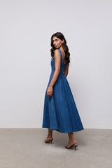 Cotton Mix Denim Square Neck Midi Dress
