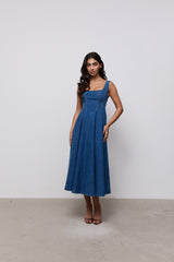 Cotton Mix Denim Square Neck Midi Dress