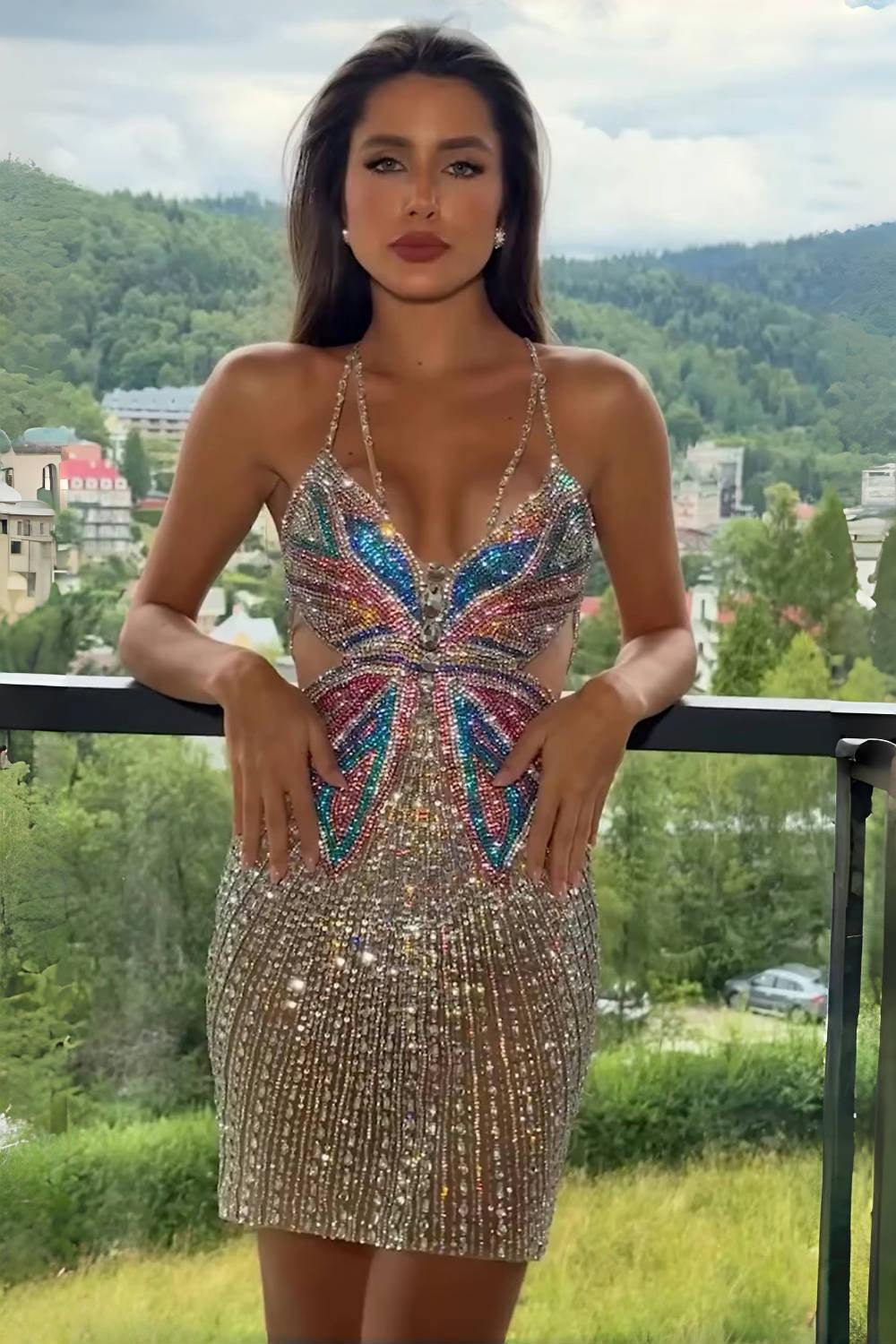 Glittering Butterfly Rhinestone Bodycon Homecoming Dress with Cutout Sides