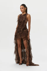 Chiffon Print Asymmetric Ruffle Dress
