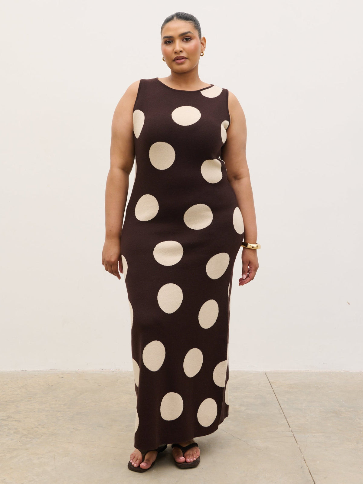 Sarover Polka Dot Maxi Knit Dress Curve - Chocolate and Cream