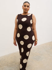 Sarover Polka Dot Maxi Knit Dress Curve - Chocolate and Cream