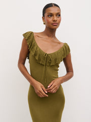 Sascha Frill Detail Knit Midaxi Dress - Tarragon Green