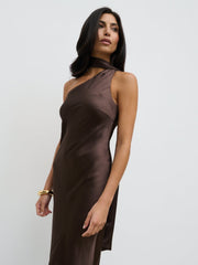 Sheree One Shoulder Sash Maxi Dress - Chocolate Brown